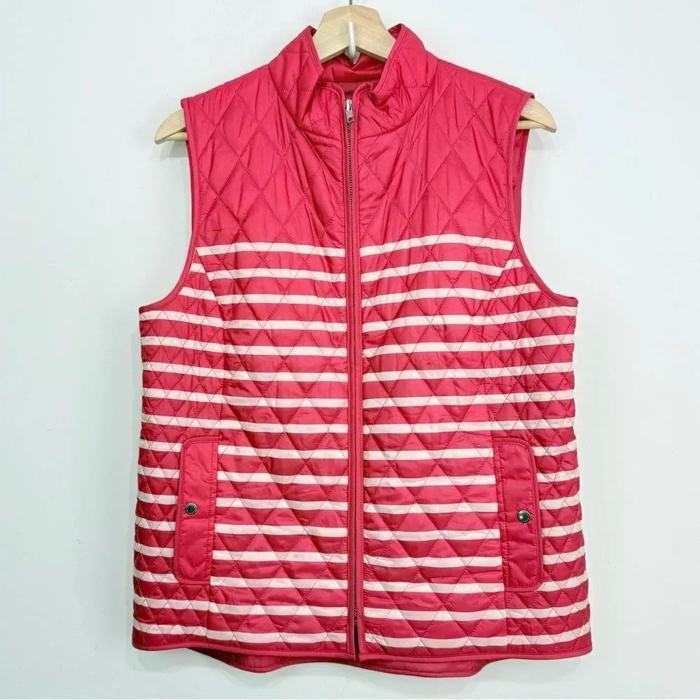 Talbots Coral White Stripe Diamond Quilted Nautical Zip Up Vest